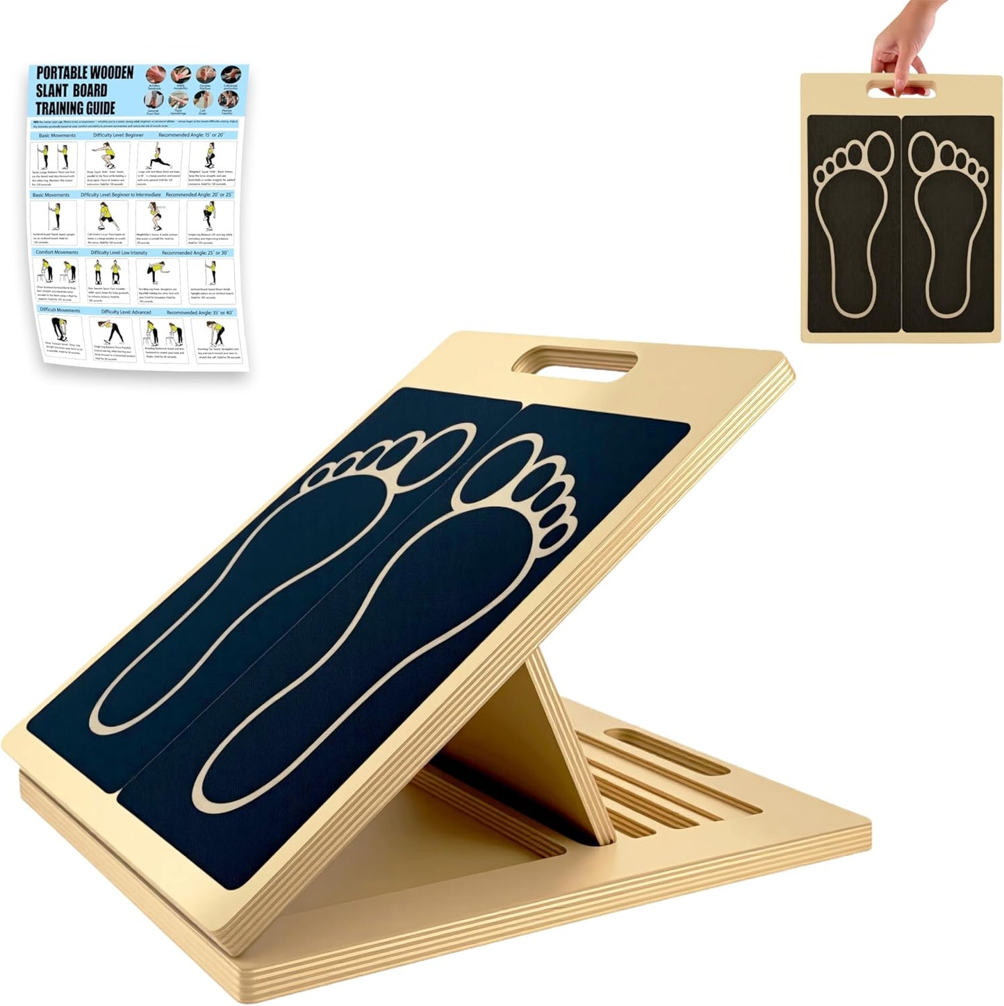 Slant Board for Calf Stretching, 6 Adjustable Angles Portable Wooden Incline Board, Calf Stretcher & Squat Wedge for Physical Therapy, Knees, Feet, Leg, Ankle, Heel, with Training Poster