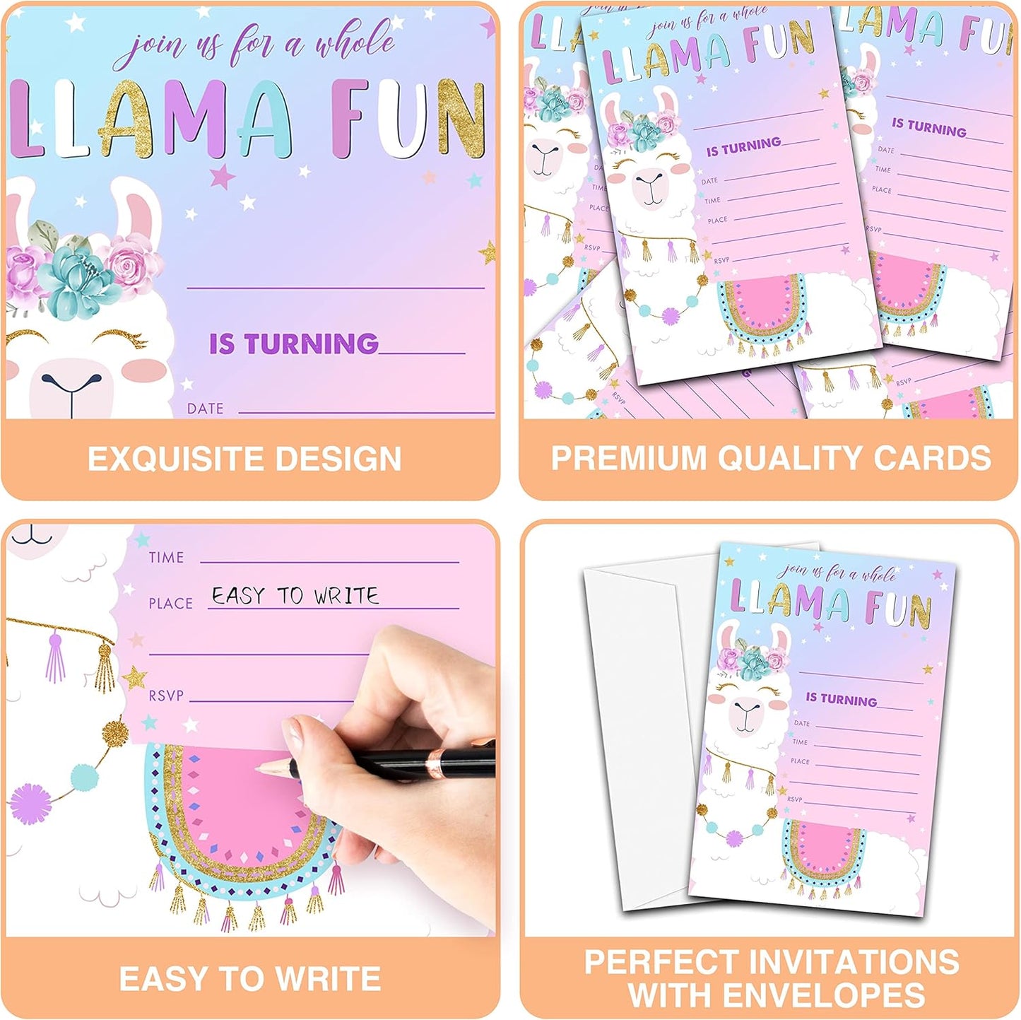 Llama Birthday Party Invitations, 20-Count A Whole Llama Fun Alpaca Birthday Party Invites With Envelopes-HBYQK-B52