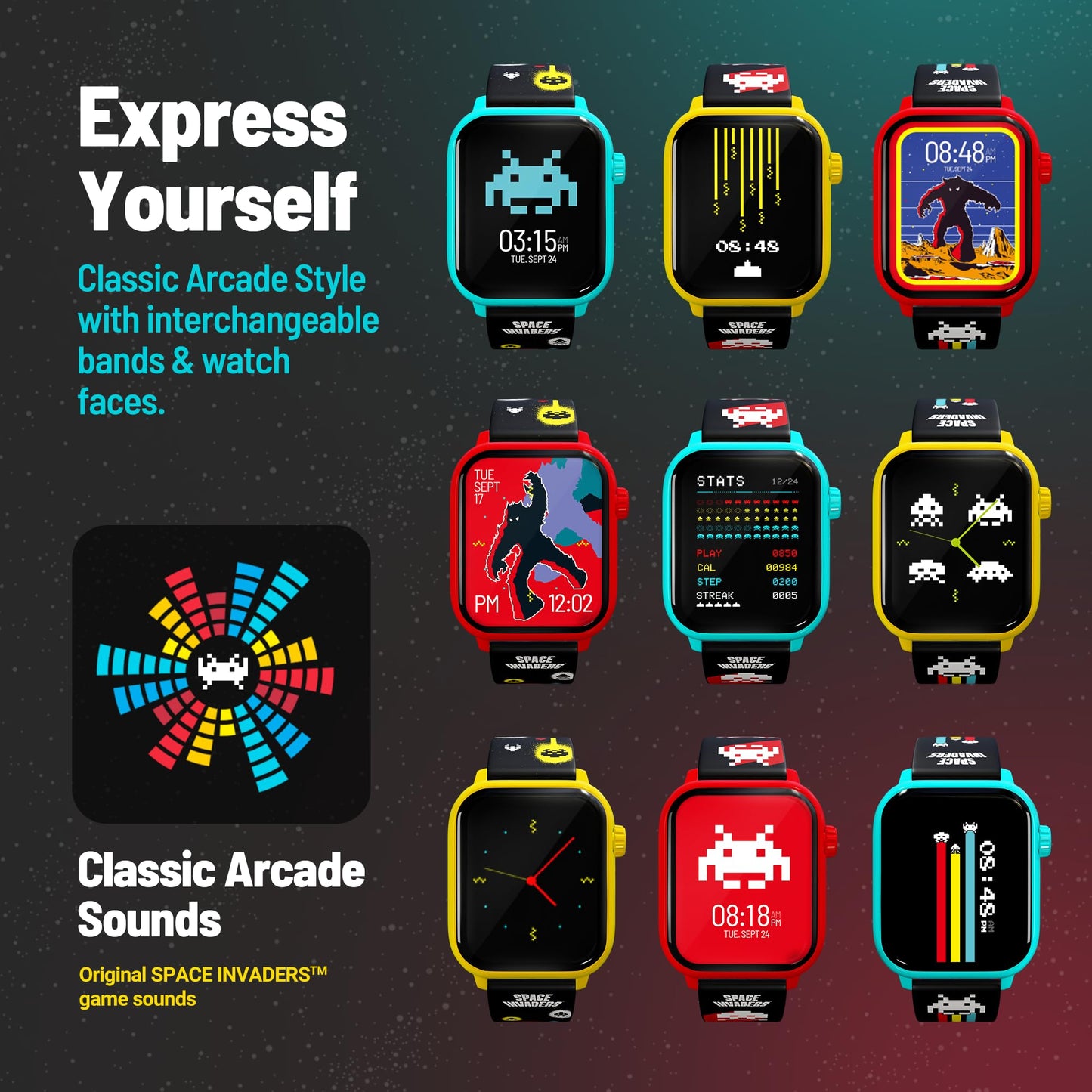 My Play Watch Space Invaders Retro Gaming Smartwatch, Selective Tech, Yellow Bezel, Non-Connected, Built-In Space Invaders Game,