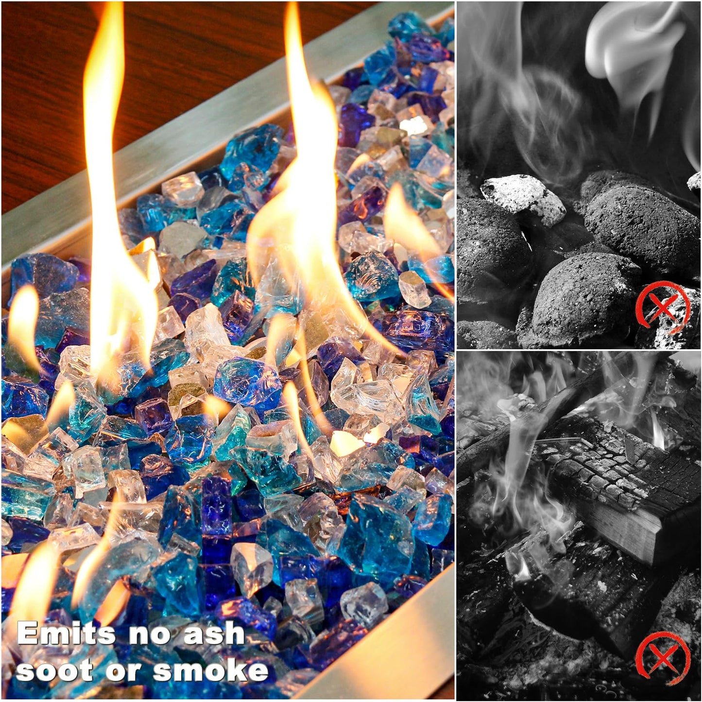 Hisencn Fire Glass 1/2 Inch - Blended Blue Reflective Tempered Fire Glass Rocks for Fire Pit, Outdoors and Indoors Natural or Propane Fireplaces, Fire Bowls Landscape Decoration, 10 Pounds