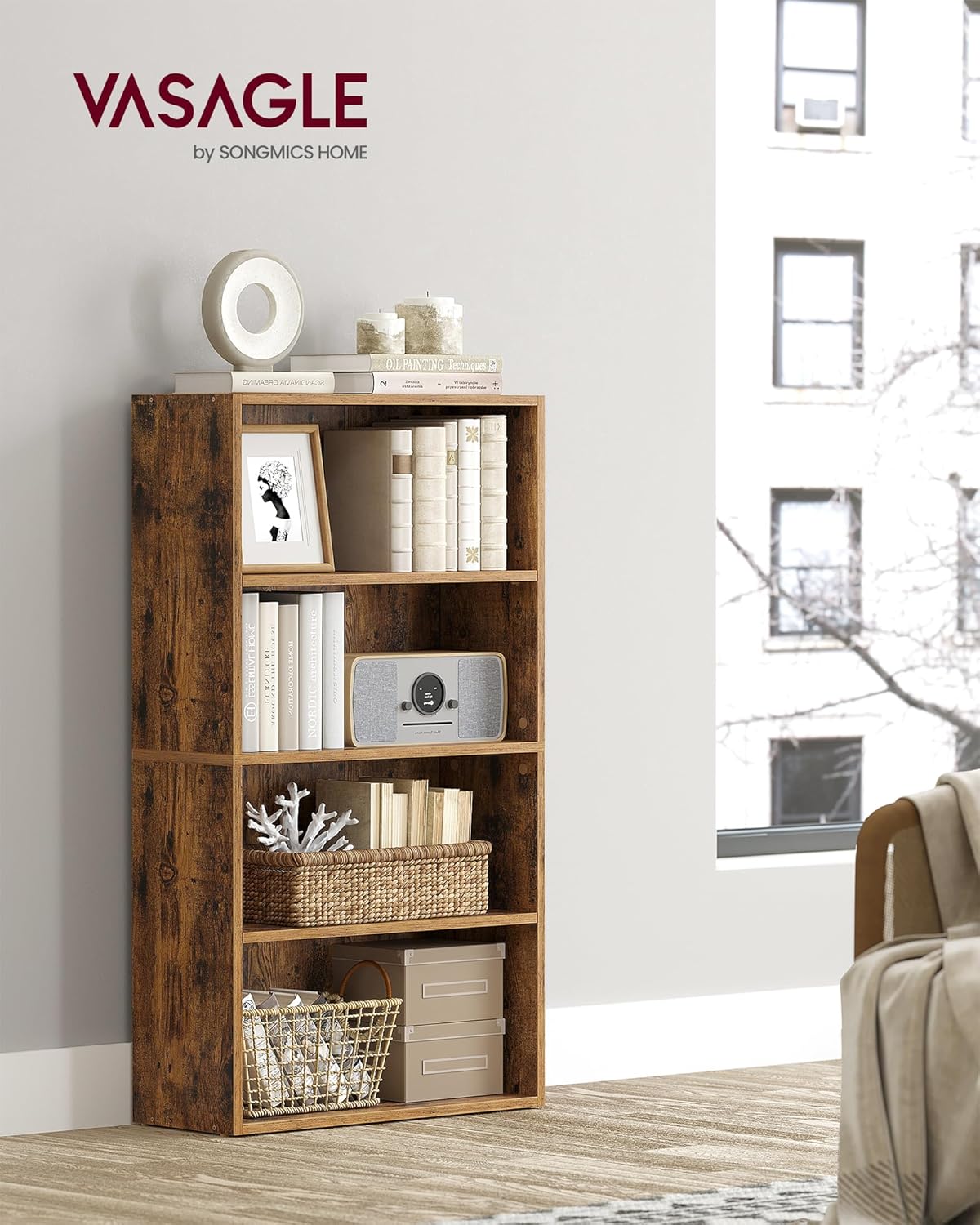 VASAGLE Set of 2 Bookshelves, 23.6 Inches Wide, 4-Tier Open Bookcases with Adjustable Storage Shelves, Floor Standing Units, Rustic Brown ULBC164X01-2