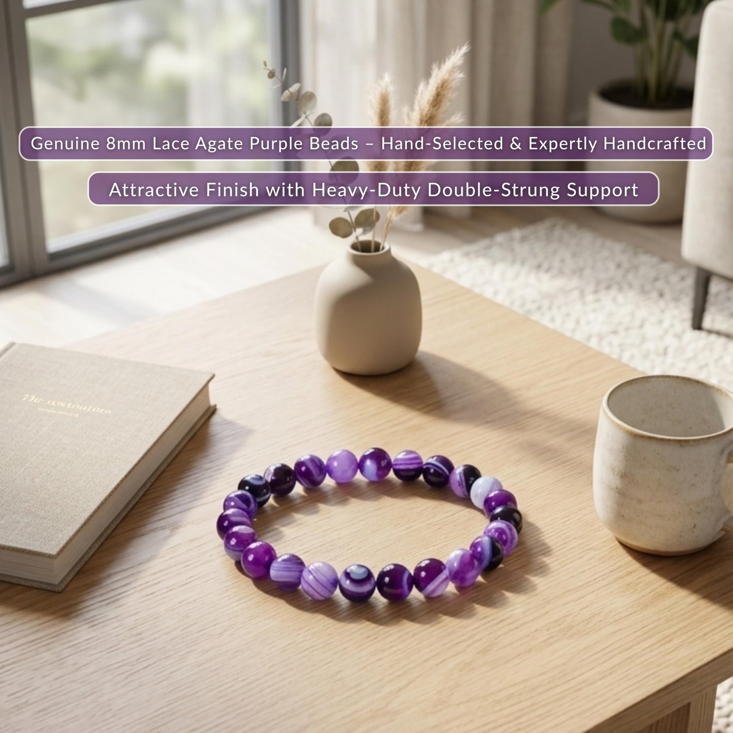 Cherry Tree Collection Lace Agate Purple Beaded Bracelet – Genuine 8mm Gemstone Stretch Bracelet for Men & Women – Handmade Crystal Bracelet - (Lace Agate Purple - S)