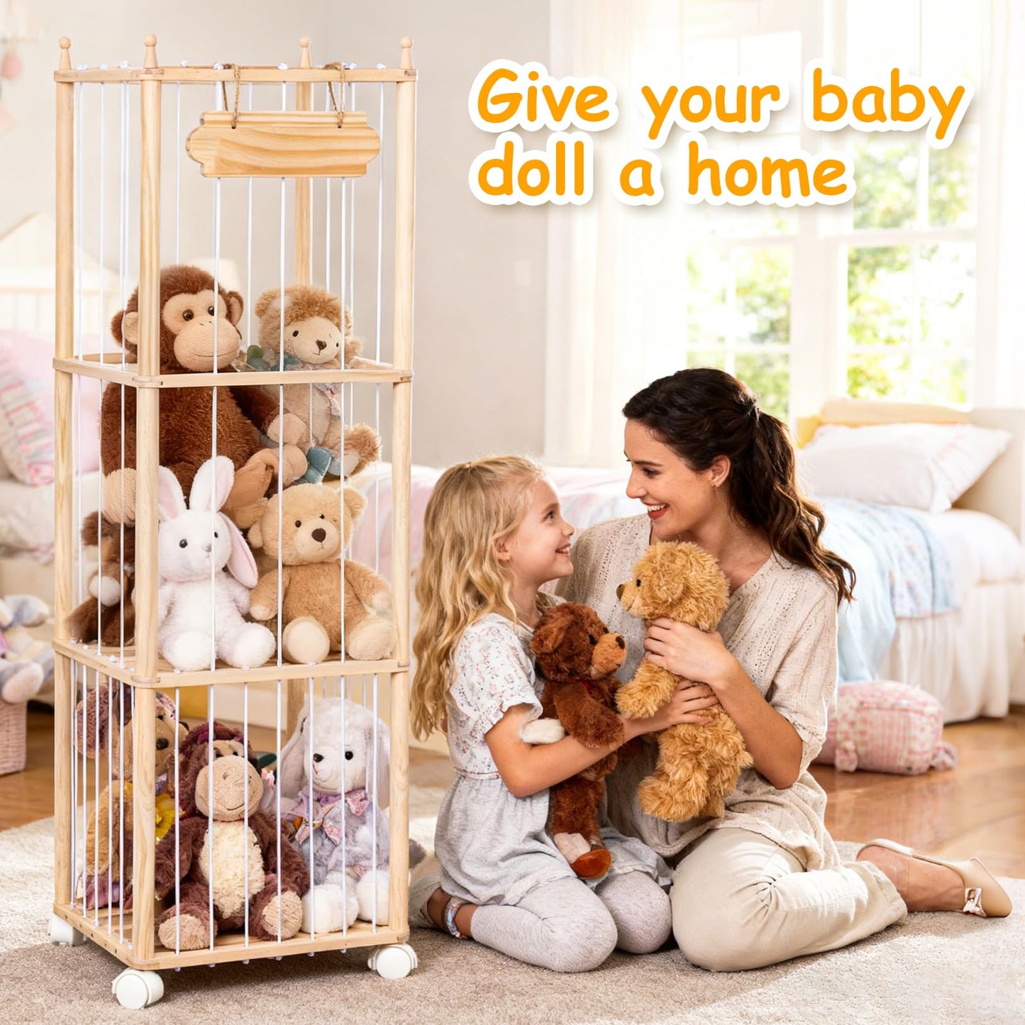 Stuffed Animal Toy Storage - Wooden Large Organizer Holder for Kids' Room and Playroom - Plush Zoo Animals Holder with Elastic Cords & Brake Wheel for Toddler Bedroom Toys Stuff Organization