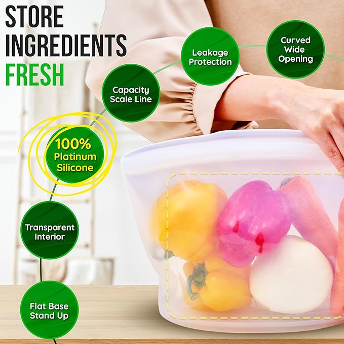 Premium Platinum Silicone Reusable Food Storage Bags 3-Pack (17 fl oz + 29 fl oz + 51 fl oz), Airtight Zip Lock Bags for Food, BPA-Free Silicone Freezer Bags, Brown