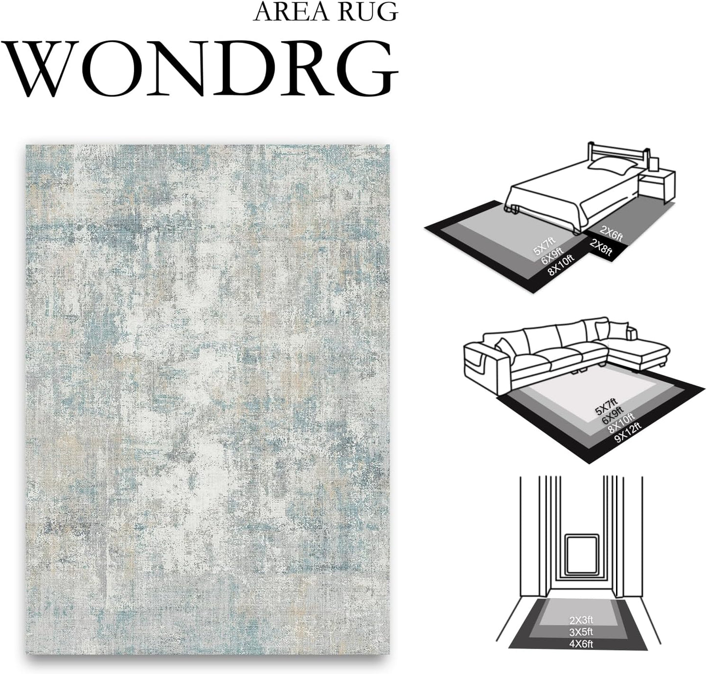 6x9 Washable Area Rug Blue Cream Modern Neutral Abstract Living Room Bedroom Indoor Floor Carpet Low Pile Soft Non-Slip Lightweight Vacuumable Throw Rug for Nursery Dining Room Office