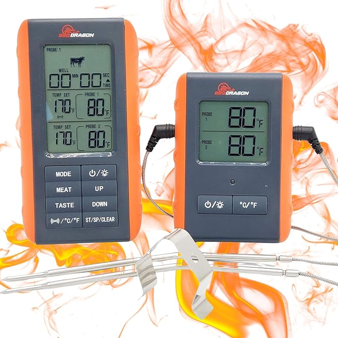 BBQ Dragon Instant Read Grill Thermometer - Wireless Meat Thermometer, Smoker Thermometer, 2 Probes, BBQ Temperature Probe, Meat Thermometer for Grill, Oven Safe