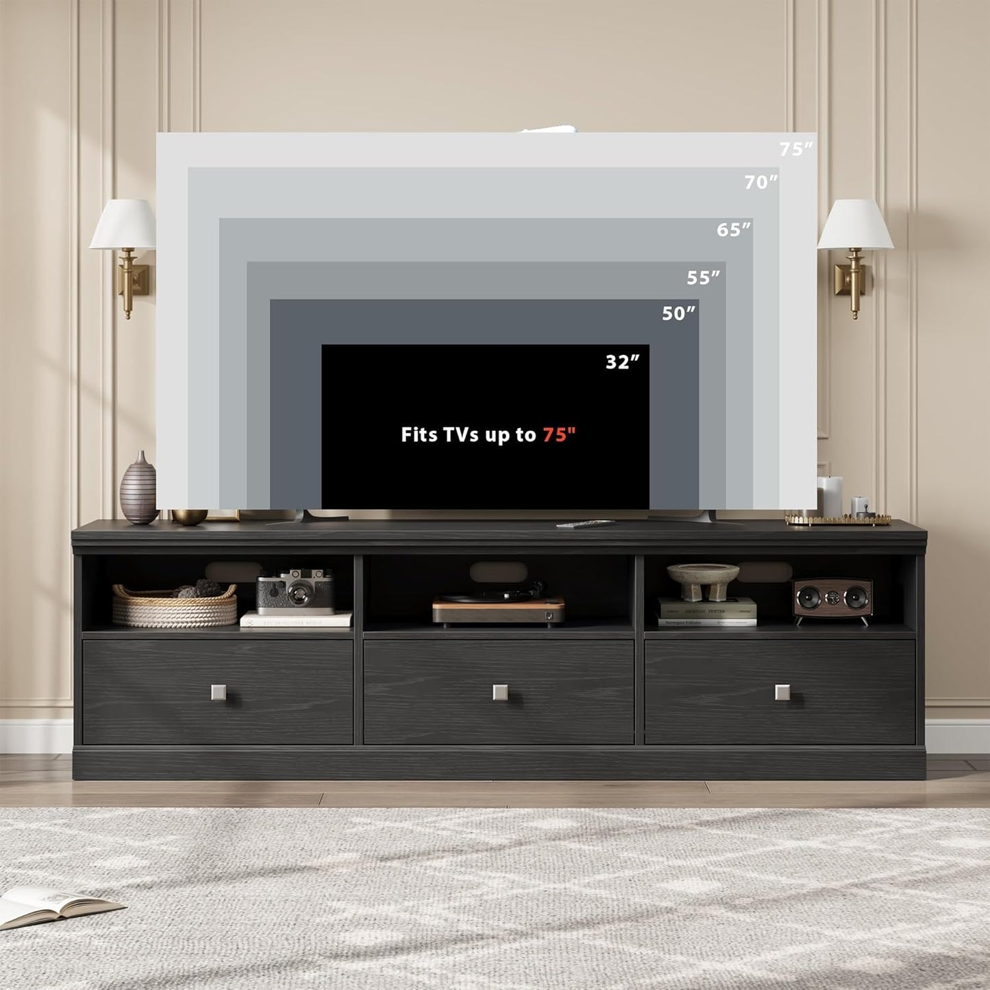 GarveeHome TV Stand for 65/70/75 Inch TV, Entertainment Center with Storage Drawer, Mid-Century Modern TV Console with Open Shelves, 70in Media TV Cabinet for Living Room, Bedroom (Black)