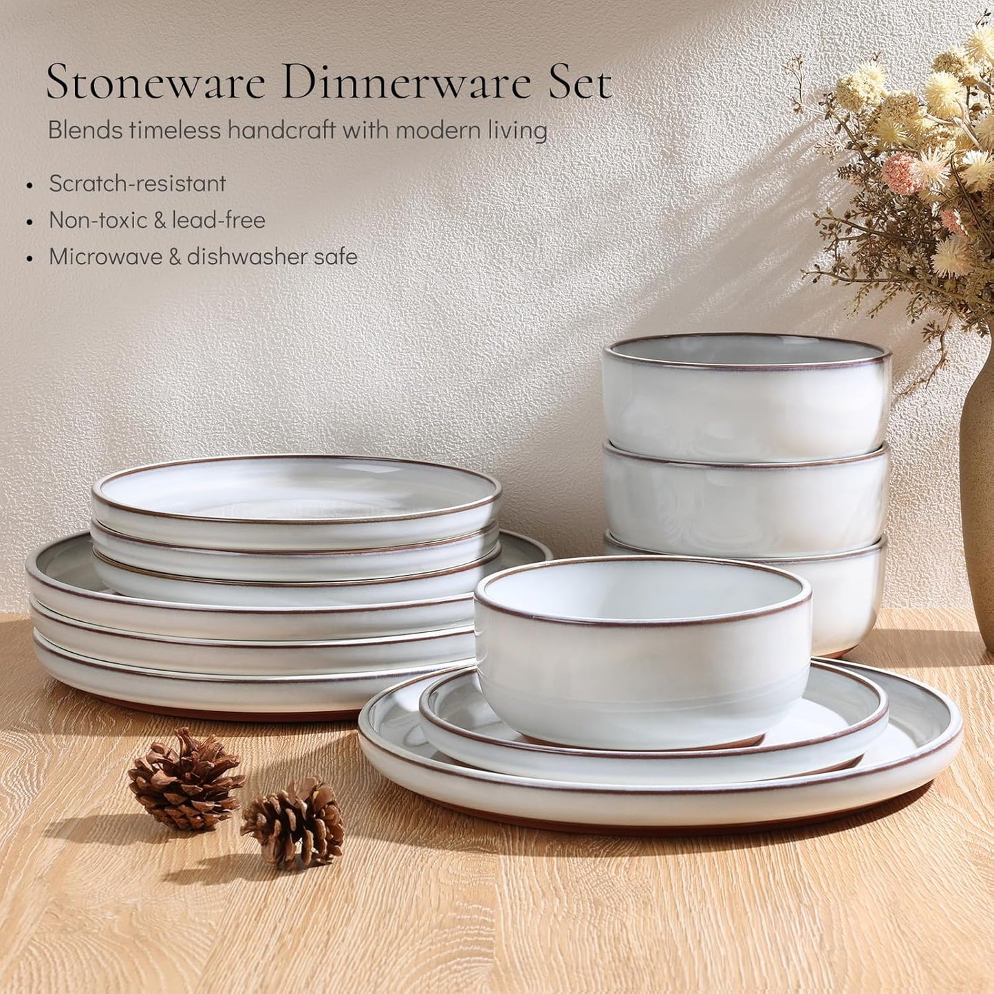 E-far Stoneware Dinnerware Sets for 6, 18 Pieces Reactive Glaze Plates and Bowls Sets, Elegant Dishes with Rustic Terracotta Clay Base, Dishwasher & Microwave Safe, Scratch Resistant, Glacier White