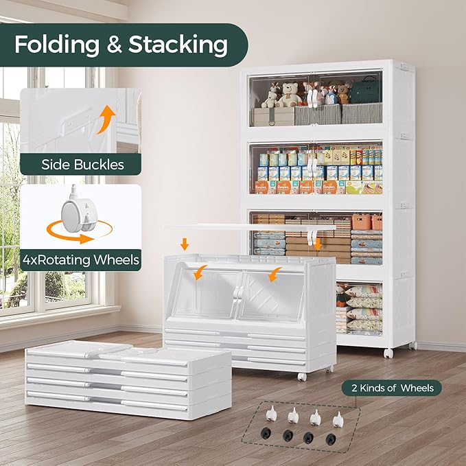 90Gal Stackable Storage Bins with Lid and Wheels, 360QT Plastic Collapsible Storage Boxes with Doors, Closet Organizer and Storage Cabinet for Home Kitchen Office Dorm Room, 3Pack White