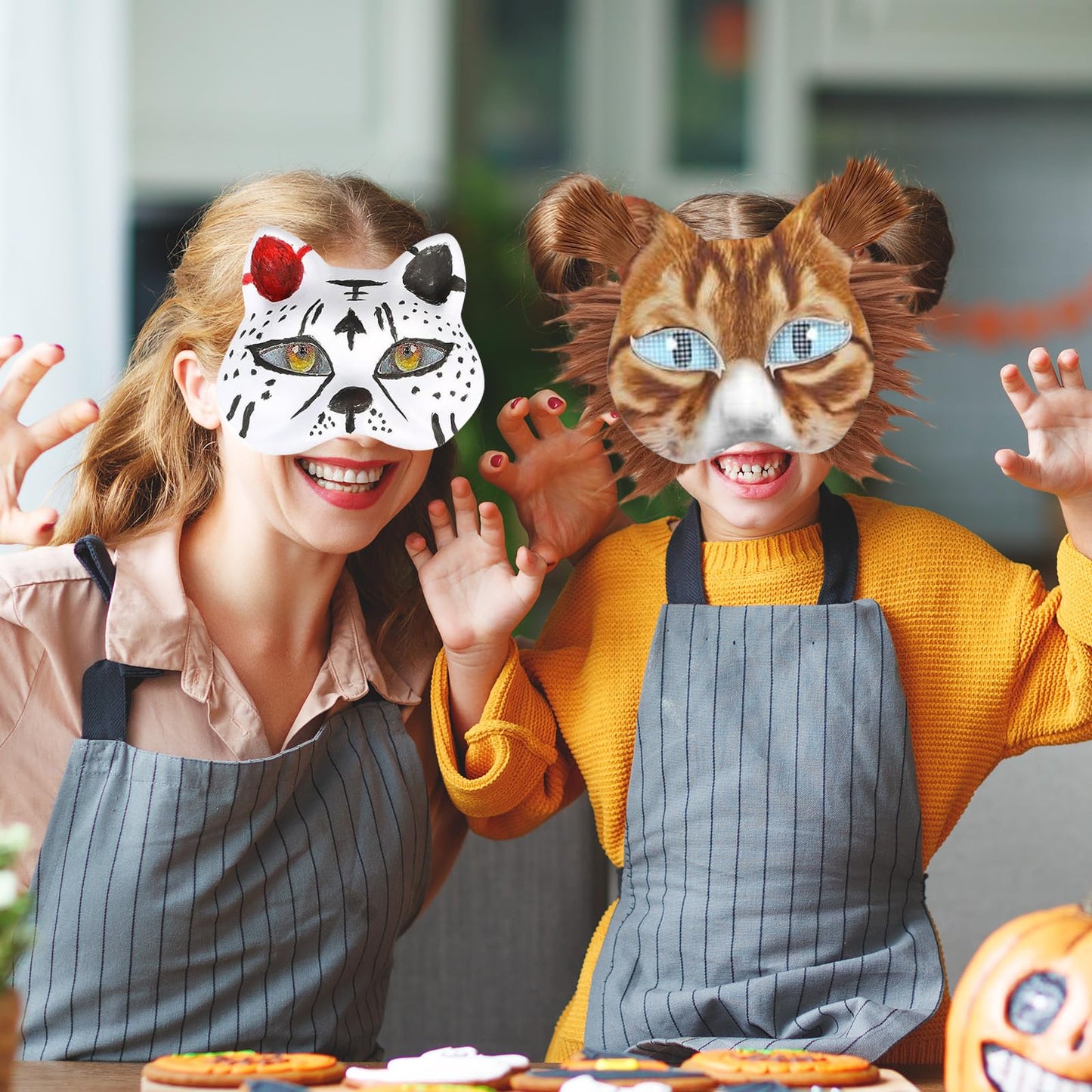 Bayurht Therian Masks Kit—DIY Cat Fox Furry Mask Craft Set, Paintable Animal Costume Furry Mask with Felt Fur, Eye Meshes & Gem Stickers for Halloween, Cosplay, Party