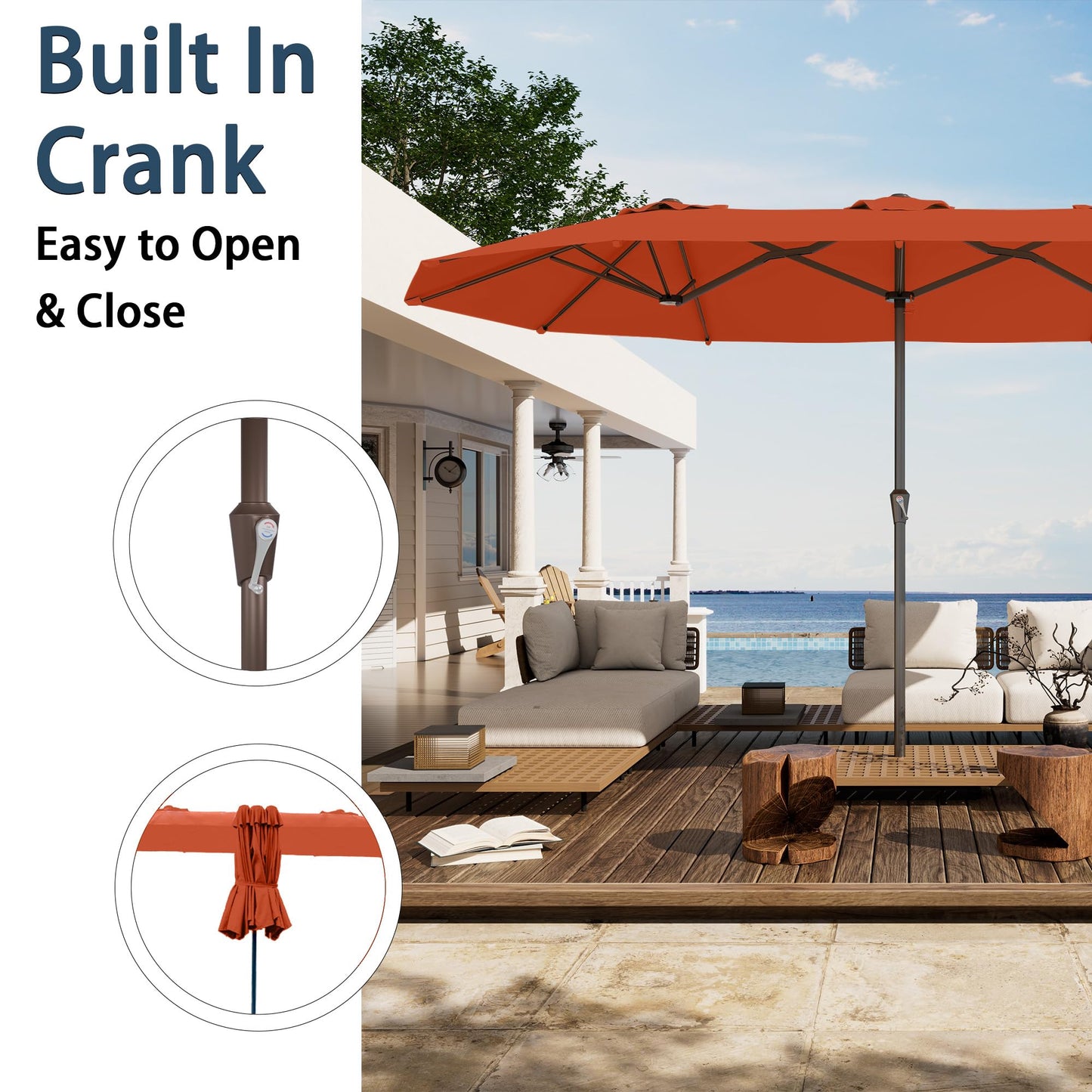 PatioKingdom 15FT Large Patio Umbrella with Base, Double Sided Rectangular Outdoor Umbrella with Sturdy Fiberglass Ribs, Market Umbrella for Pool,Garden,Backyard,Deck (Orange, 15FT)