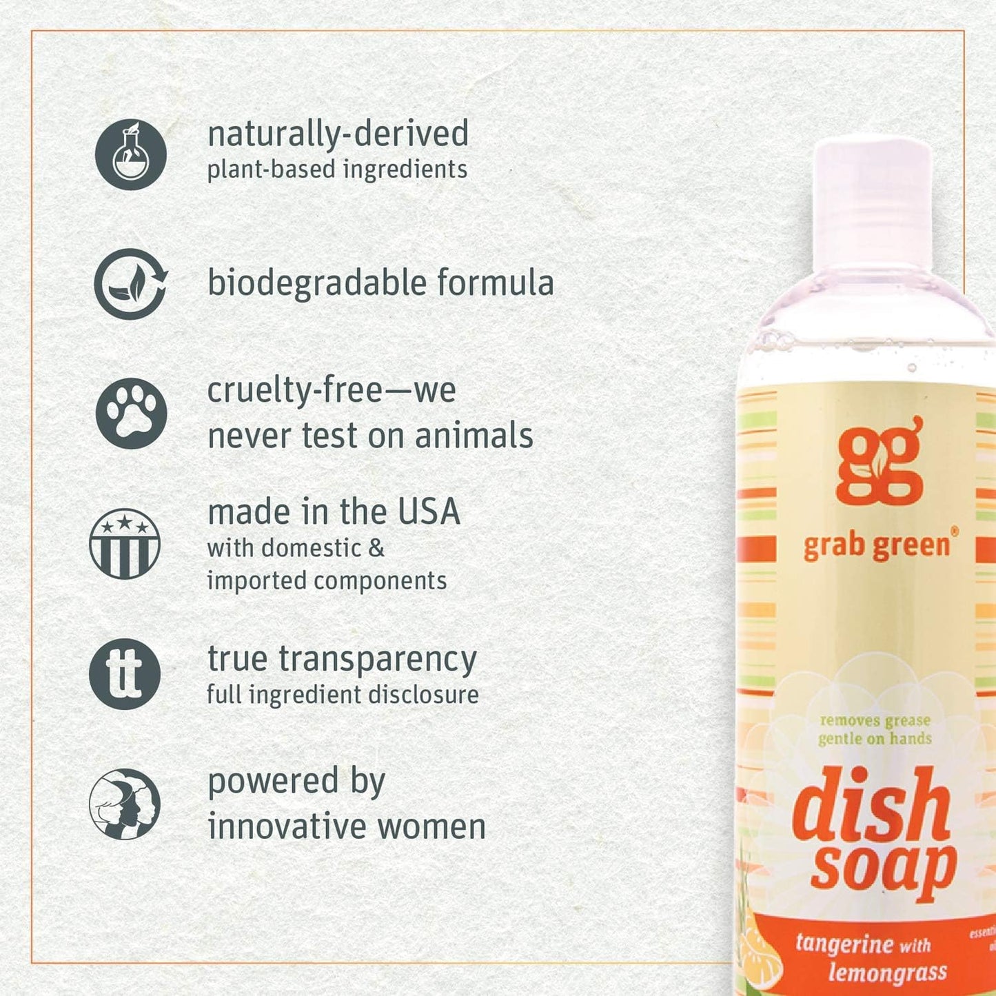 Grab Green Liquid Dish Soap, 16 Ounce (Pack of 3), Tangerine Lemongrass Scent, Biodegradable, Plant and Mineral Based, Removes Grease, Gentle on Hands
