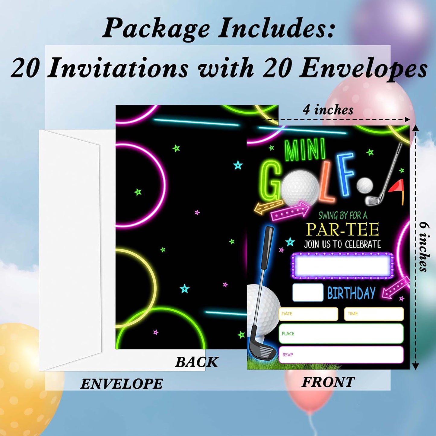 Golf Birthday Invitations for Boys Girls, 20 Invitation Cards with Envelopes, Neon Glow Invites for Party Decorations Favor Supplies - A28