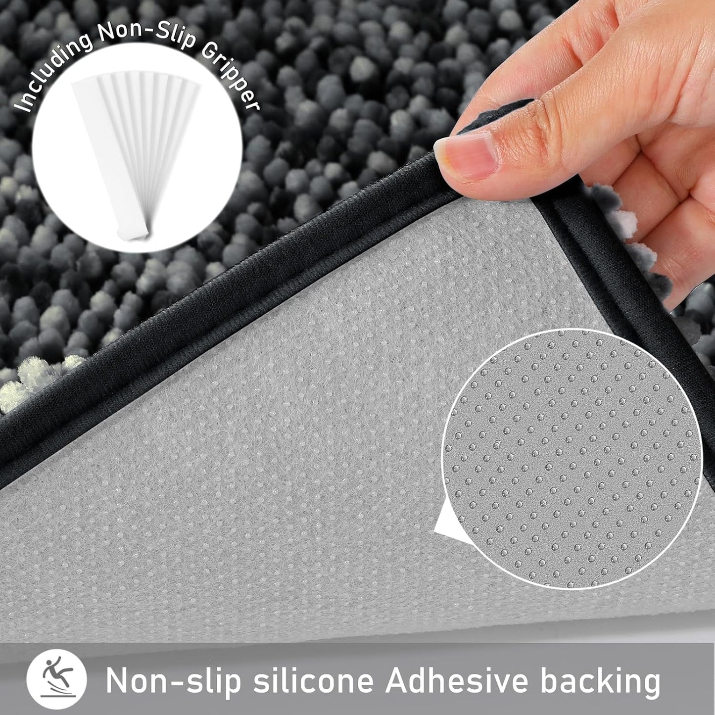 Yimobra Luxury Bathroom Rugs, 47x24, Extra Soft Chenille Mats for Bathroom Non Slip, Fluffy Long Matts for Tub, Plush Shaggy Carpet Runner, Water Absorbent, Machine Washable, Black & Dark Grey