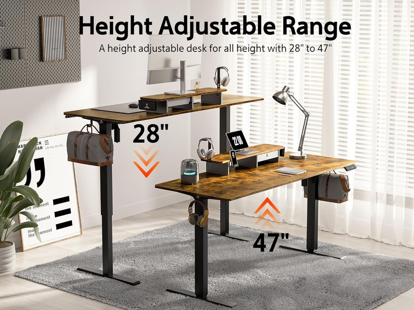 48x24 Inches Electric Standing Desk With Drawer and Monitor Stand, Height Adjustable for Home Office, Ergonomic Sit to Stand With Phone Holder, 3 Hooks, Rustic Brown