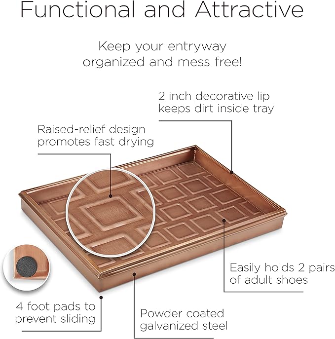 Good Directions Small Boot Tray, Squares Multi-Purpose All Weather Decorative Boot Tray, Shoes, Plants, Garage, Patio Door, Pet Bowls, 20 inch Entry Indoor Shoe Tray for Apartment, Copper Finish