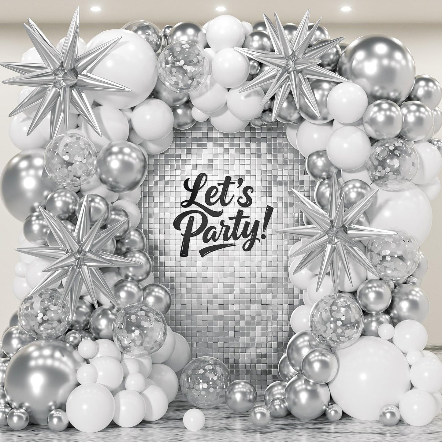 PTGOLUO 153Pcs White and Silver Balloons Garland Arch Kit with Stars - 22 18 12 10 5 inch Different Size White Metallic Silver Confetti Latex Balloon for Birthday Baby Shower Wedding Party Decorations