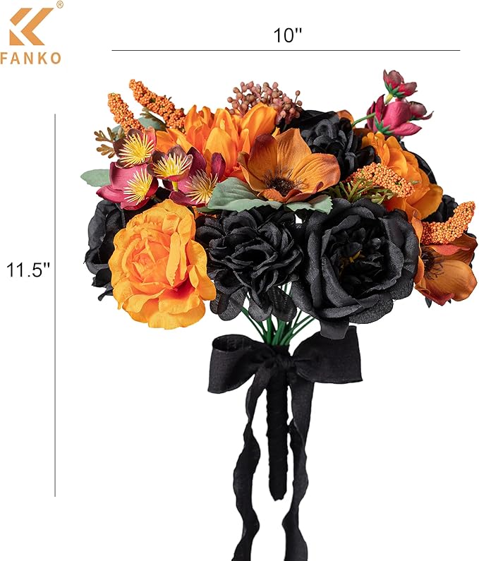 FANKO Artificial Flowers Black Rose: Mixed Fake Silk Flowers Combo Orange Rose & Dahlia Vintage Assorted Blooms for DIY Wedding Bridal Bouquets/Centerpieces/Halloween Decor