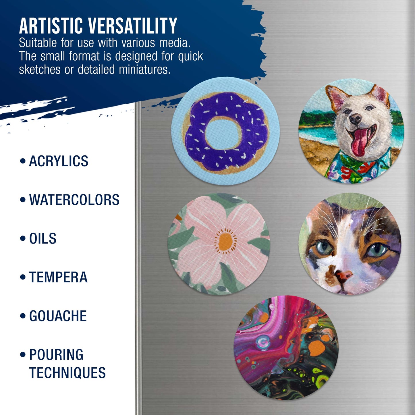 U.S. Art Supply Mini Magnetic Canvas Panels, 24 Pack, 4 Inch Round, Primed 8 Ounce Heavyweight Cotton, Small Canvases for Painting Acrylic and Watercolor, White Square Flat Canvas Boards