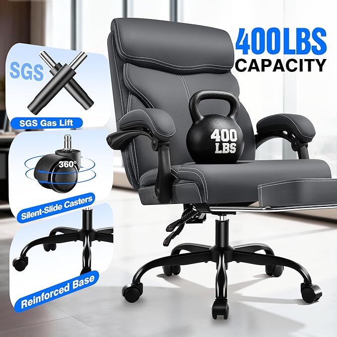 Office Chair - Ergonomic Comfortable High Back Computer Desk Chair with Foot Rest - Executive Breathable Swivel Rolling Reclining Leather Chair with Lumbar Support for Home Gaming Relaxing