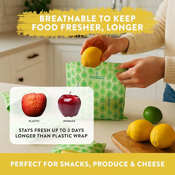BeeBAGZ - Assorted 3 Pack - Beeswax Wrap Storage Bag - Plastic and Silicone Free - Reusable Beeswax Food Wrap Bags- 2 Sizes (Lunch Pack, 2 Small + 1 Medium, (Multicolor)