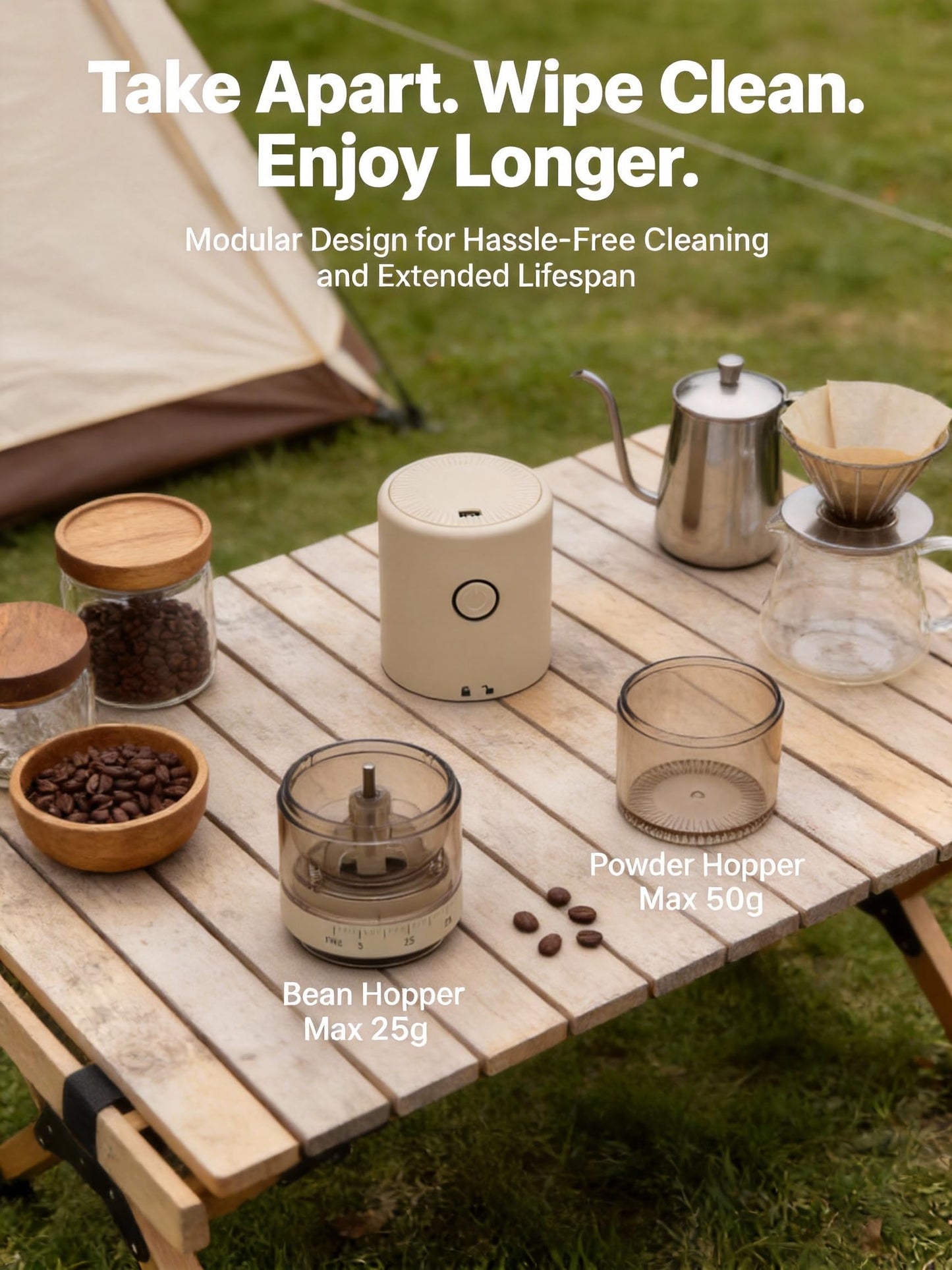 LAMIDO Portable Electric Burr Coffee Grinder - Grind While Charging - Visual Bean Hopper - 38 External Grind Settings - 1.8X Faster Grinding - 2000 mAh Battery for Travel, Camping - Light Beige