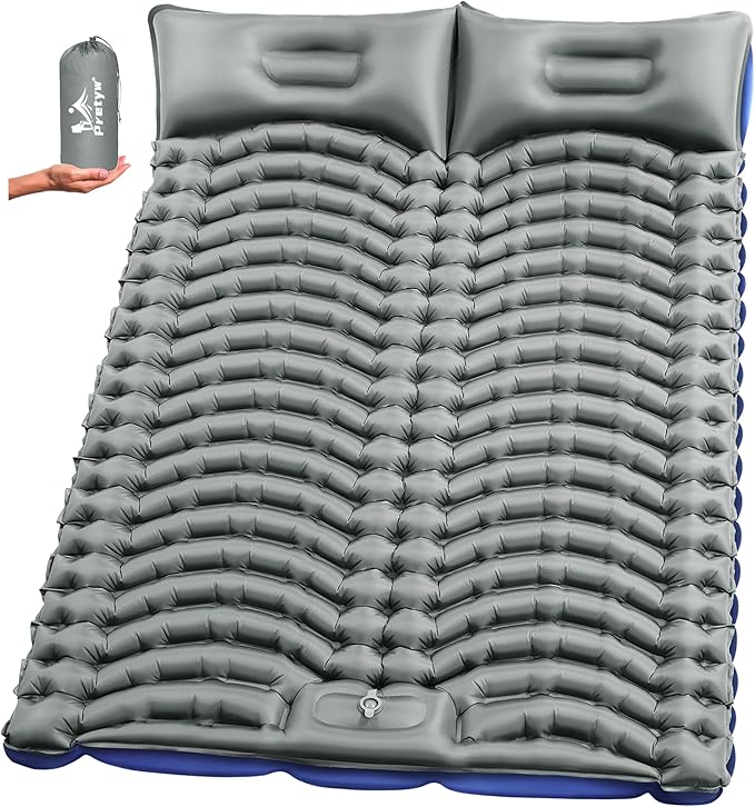 Double Sleeping Pad for Camping - Ultralight Camping Mattress with Pillow, Built-in Foot Pump, Compact Inflatable 2-Person Portable Mat for Backpacking, Hiking, Car Traveling, Beach, Tent
