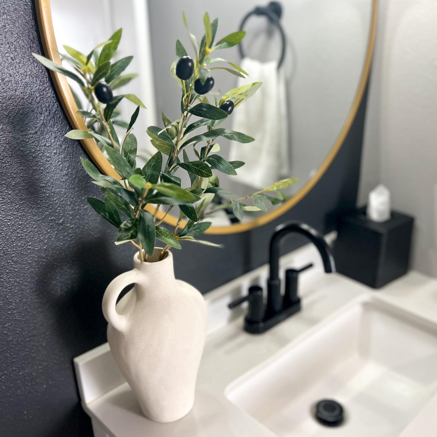 Luxurious Gift Set Textured Ceramic Vase 10 Inch with Olive Branches 22 Inch Tall White Medium Vase Artificial Topiaries Fake Plants, Minimalist Shelf Decor, Neutral Home Office High End Gifting Decor