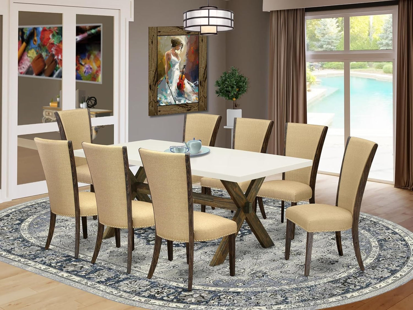 East West Furniture X727VE703-9 9 Piece Kitchen Table Set Includes a Rectangle Dining Table with X-Legs and 8 Brown Linen Fabric Parson Dining Room Chairs, 40x72 Inch, Multi-Color