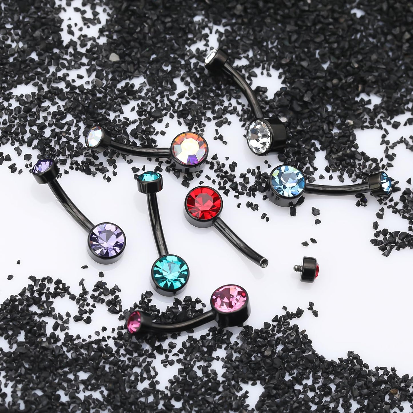 XUU Titanium Belly Button Rings, Black & Silver – 14G Internally Threaded Navel Piercing Jewelry, 10mm & 12mm Curved Barbells with 7 Colors Gems – Hypoallergenic (Black-Blue cz, 10MM)