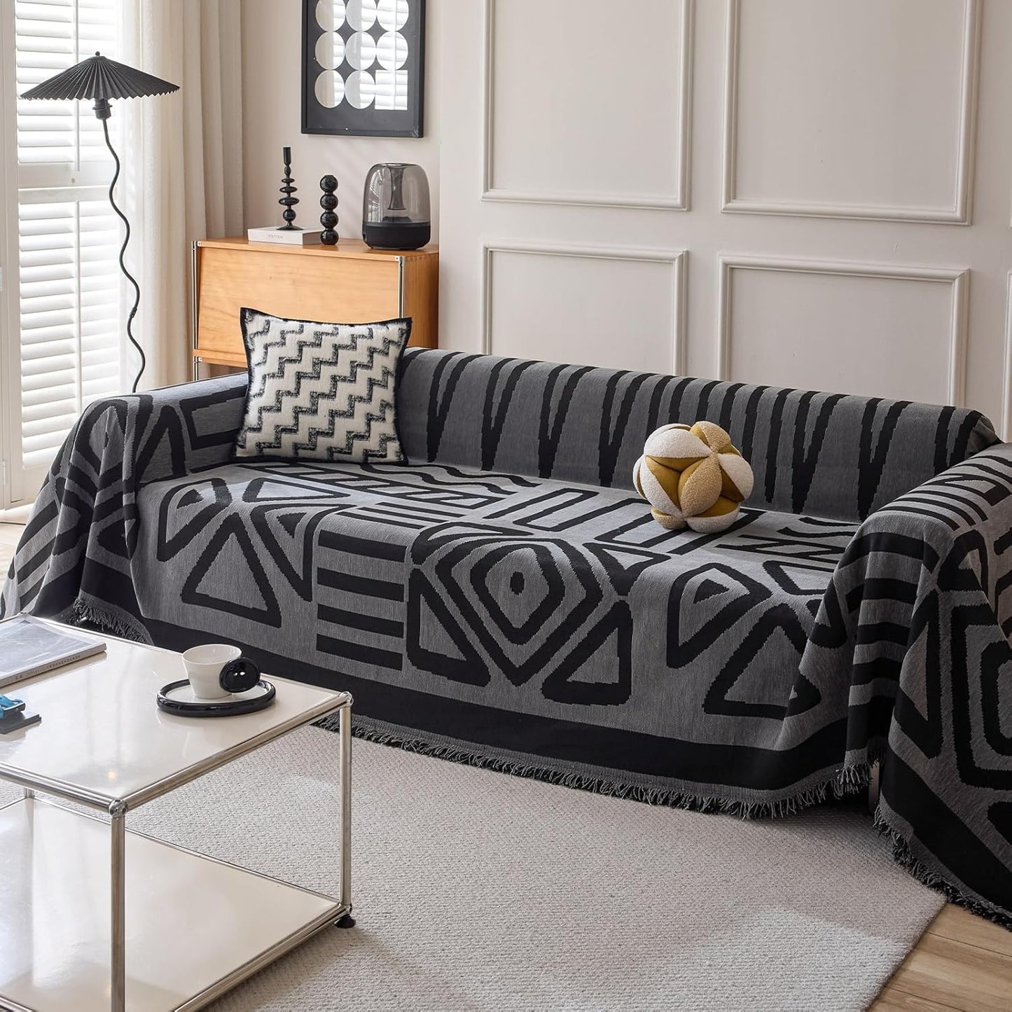 HANDONTIME Boho Geometric Couch Covers for Sofa Pet Friendly Dark Grey and Black Sofa Covers Washable Chenille Couch Blanket Cover for 3 Cushion Couches Pet Protector Furniture Cover Soft, 71" X 134"