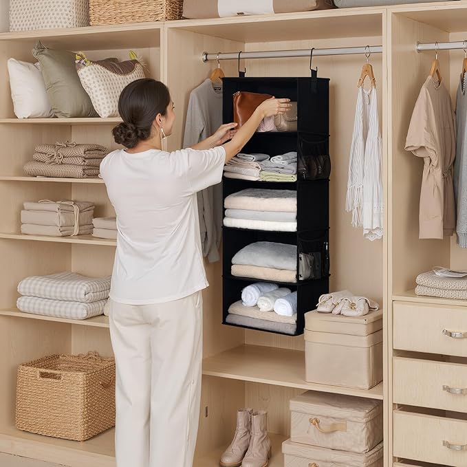 StorageWorks 5-Shelf Hanging Closet Organizers, Foldable Closet Storage Organizer with 2 Side Pockets, Portable Hanging Shelves for Clothes, Sweater, Towels, 13" D x 15" W x 47 ¾" H, Black