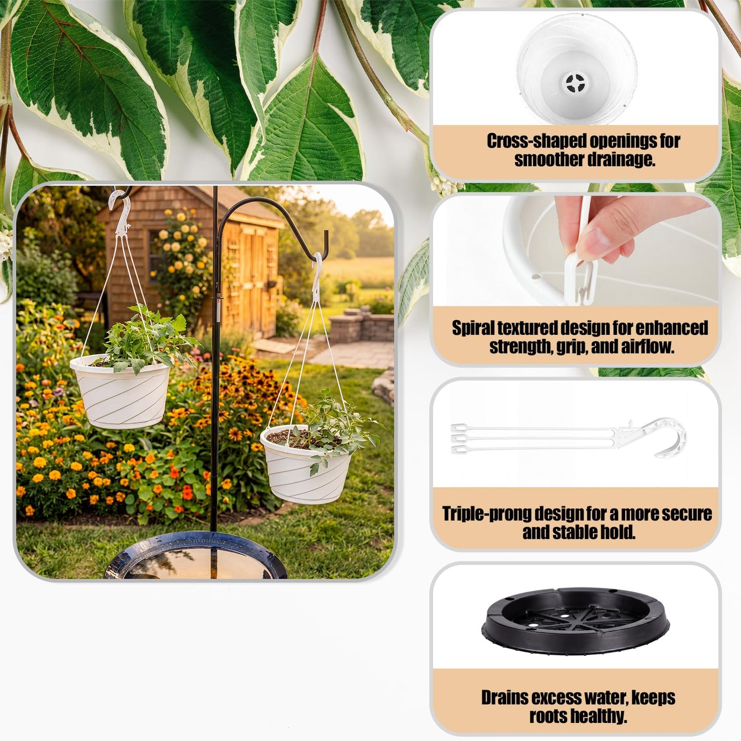Romooa 8 Pcs 10 Inch Modern Euro Swirl Hanging Planter Uv-Resistant Plastic Hanging Basket Smart Drainage Lightweight Indoor Outdoor Flower Pots for Garden Porch Balcony Patio Home Decor (White)