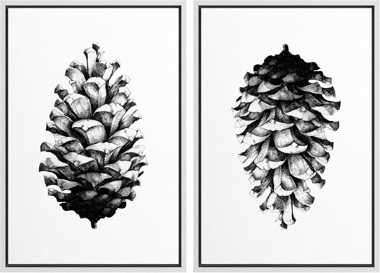 SIGNWIN Framed Canvas Print Wall Art Set Black & White Forest Woodland Pinecone Nature Wilderness Illustrations Modern Art Rustic Relax/Calm for Living Room, Bedroom, Office - 16"x24"x2 White