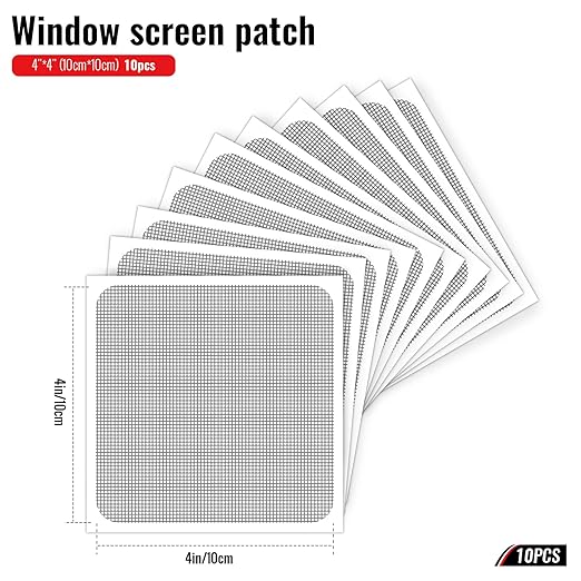 Matenf Window Screen Repair Patch, 10 Patches, 4"x 4"(10cm x 10cm), Gray, 3-Layer Strong Adhesive Window Screen Mesh Tape, Repair Kit for Window and Door Screen Tears Holes