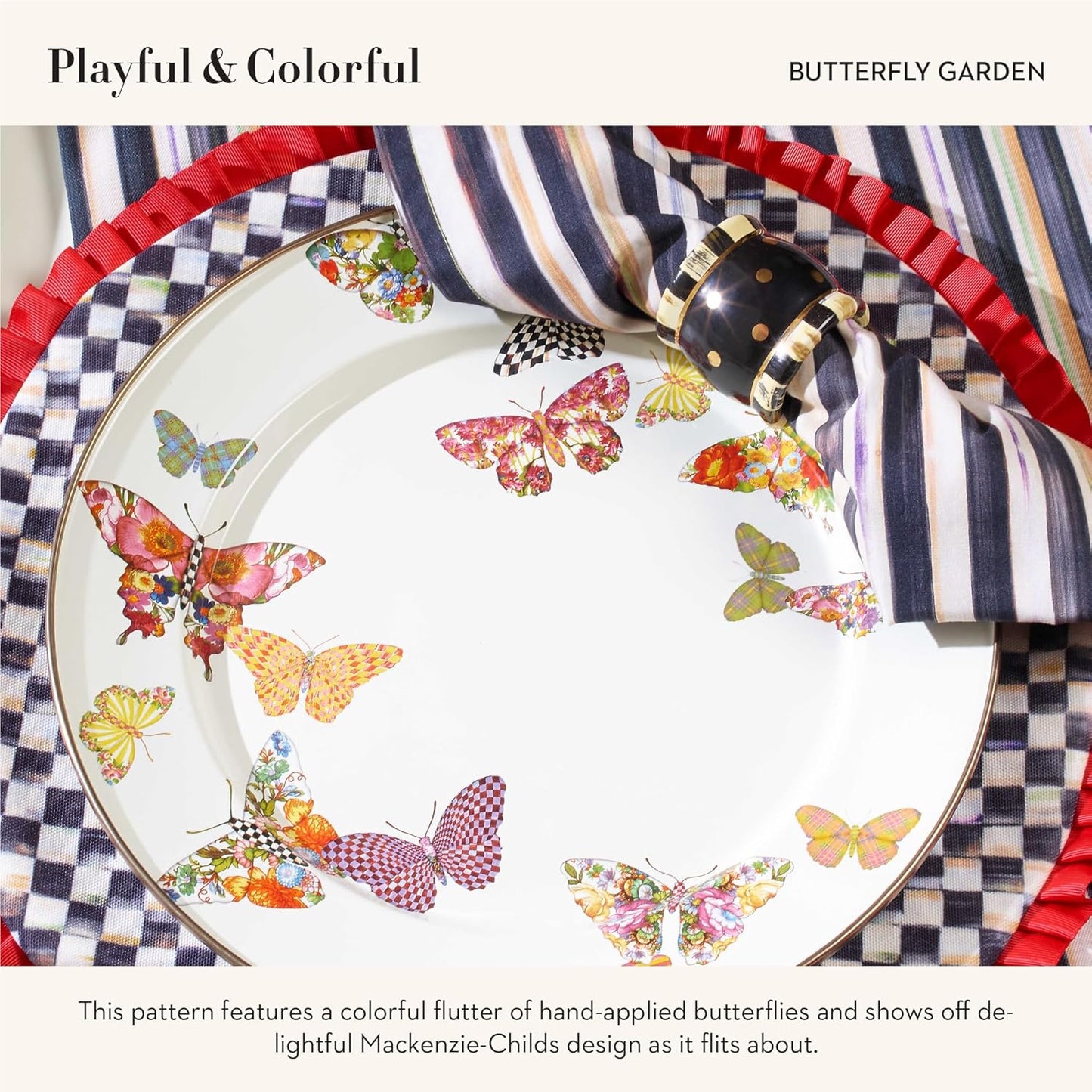 MACKENZIE-CHILDS Enamel Dinner Plate, Decorative Dinnerware Plate, 10 Inches, Set of 1, Butterfly Garden