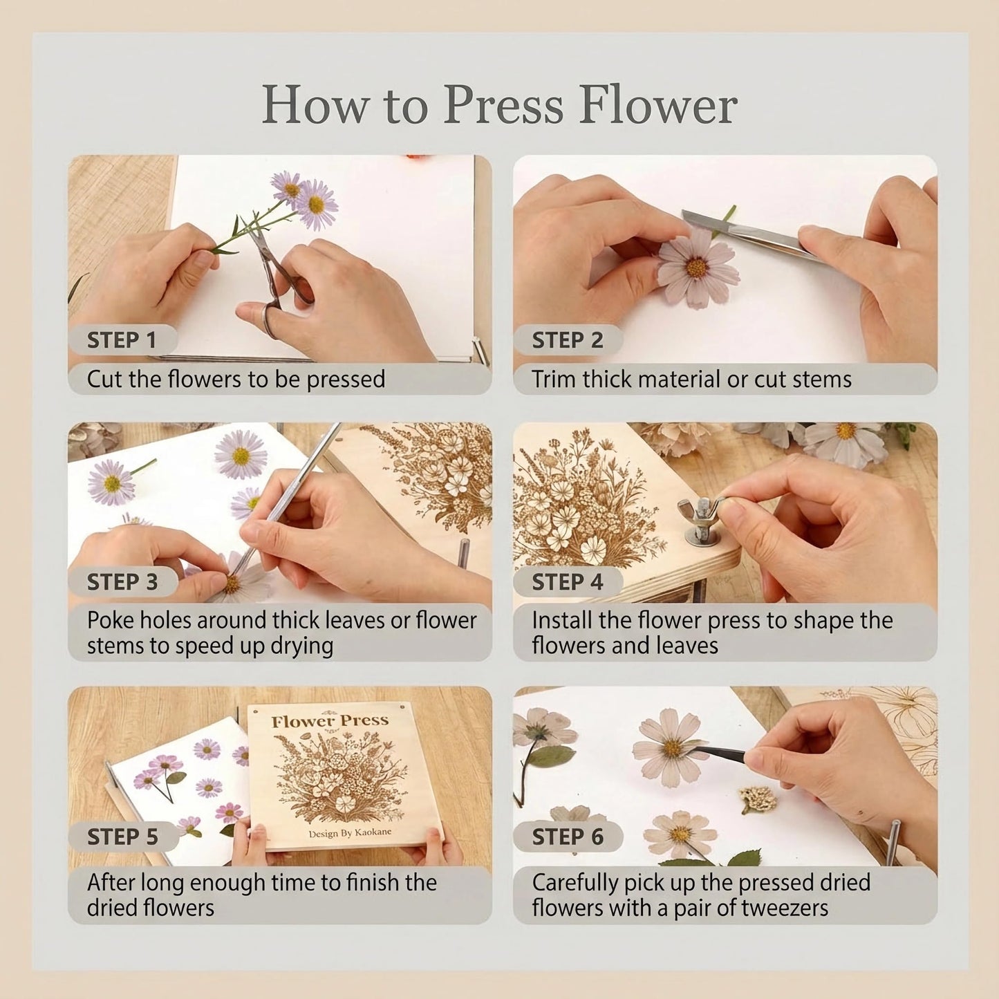 Kaokane Flower Press Kit, 9x9 Wooden Flower Pressing kit with 4 Reusable Drying Plates & 4 Blotting Papers, Dried Flowers Art for Wedding, Pressed Flower kit Herbarium Press Botanical Press kit