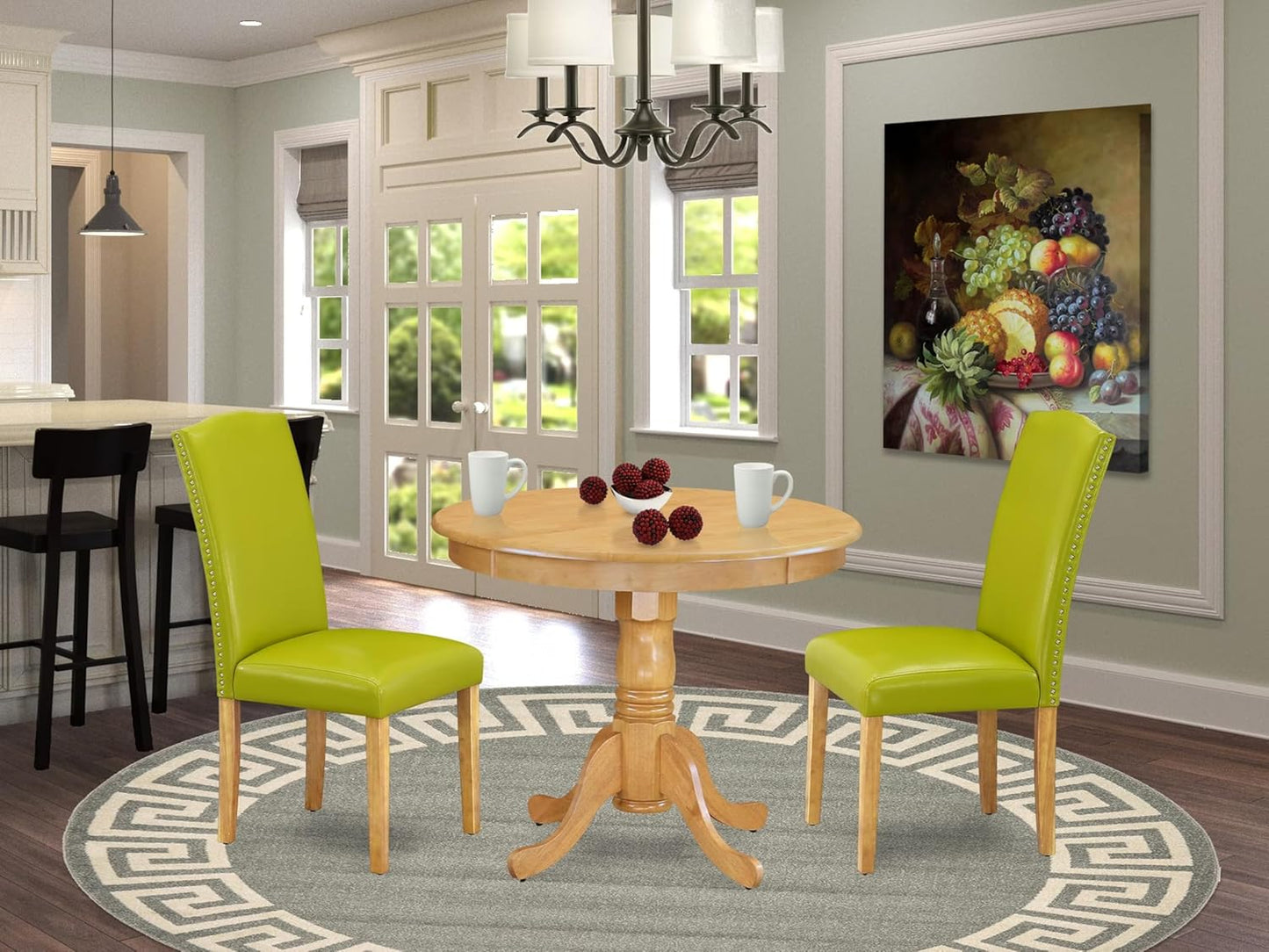 East West Furniture ANEN3-OAK-51 3 Piece Modern Dining Table Set Contains a Round Kitchen Table with Pedestal and 2 Autumn Green Faux Leather Upholstered Chairs, 36x36 Inch, Oak