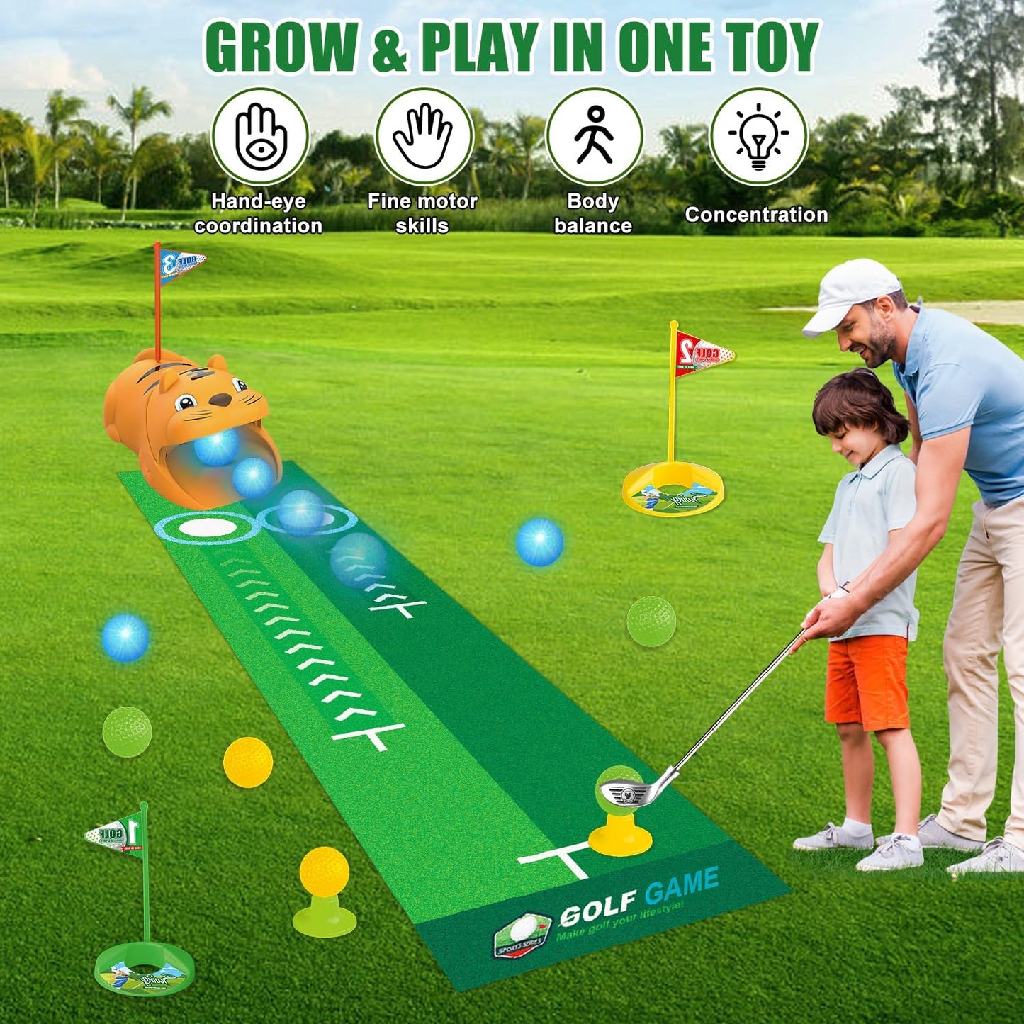 Fistone Kids Toy Golf Set, with Automatic Golf Returner, Golf Balls, Clubs, Putting Mat, Indoor Outdoor Sports Toy Birthday Gift