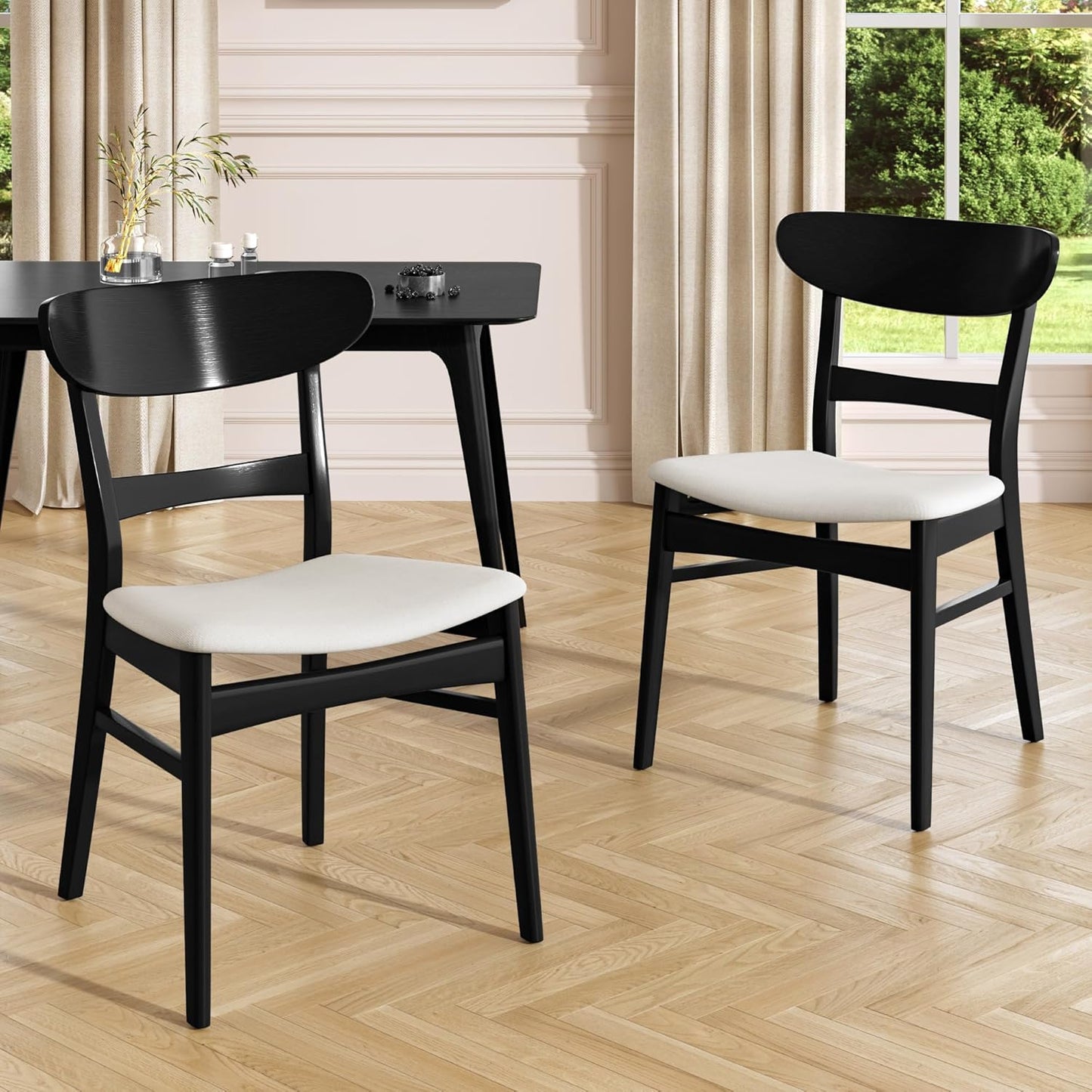 Set of 2 Solid Wood Dining Chairs, Fabric Upholstered Seat Mid-Century Modern Kitchen Furniture for Living Room, Light Beige+Black