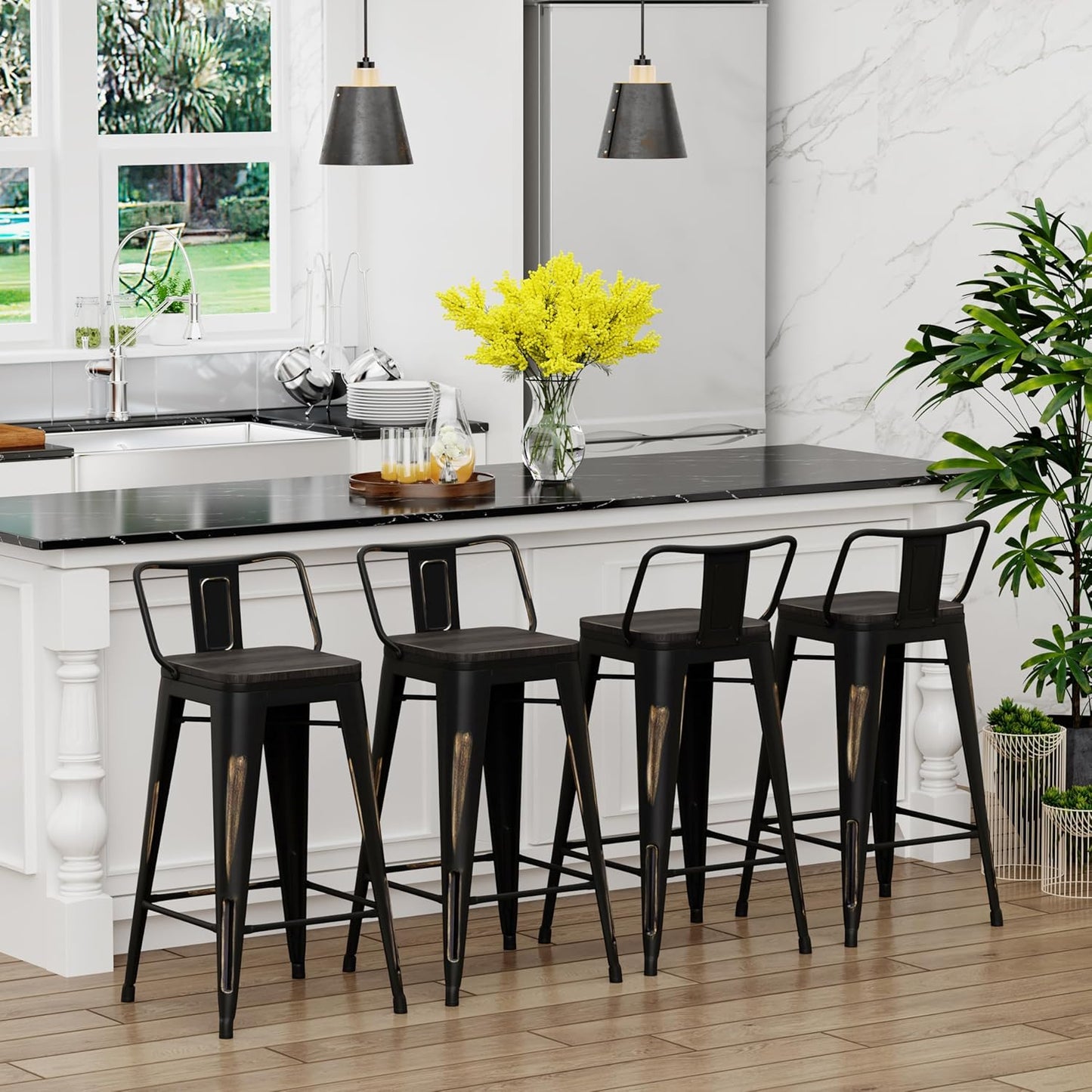 Yongchuang 24" Industrial Metal Barstools Set of 4 Counter Height Bar Stools with Back (24" Seat Height Wood Top Low Back, Distressed Gold)