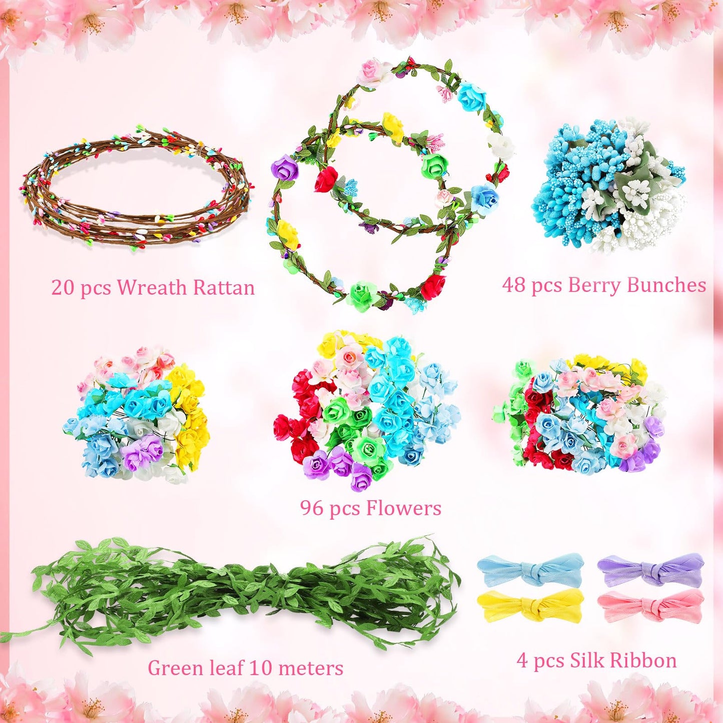 Syhood 20 Sets Flower Crowns Making Kit, Make Your Own Flower Crown Wreath Headbands and Bracelets Craft Kit Hair Accessories Handmade DIY Floral Garland Presents for Adults Women