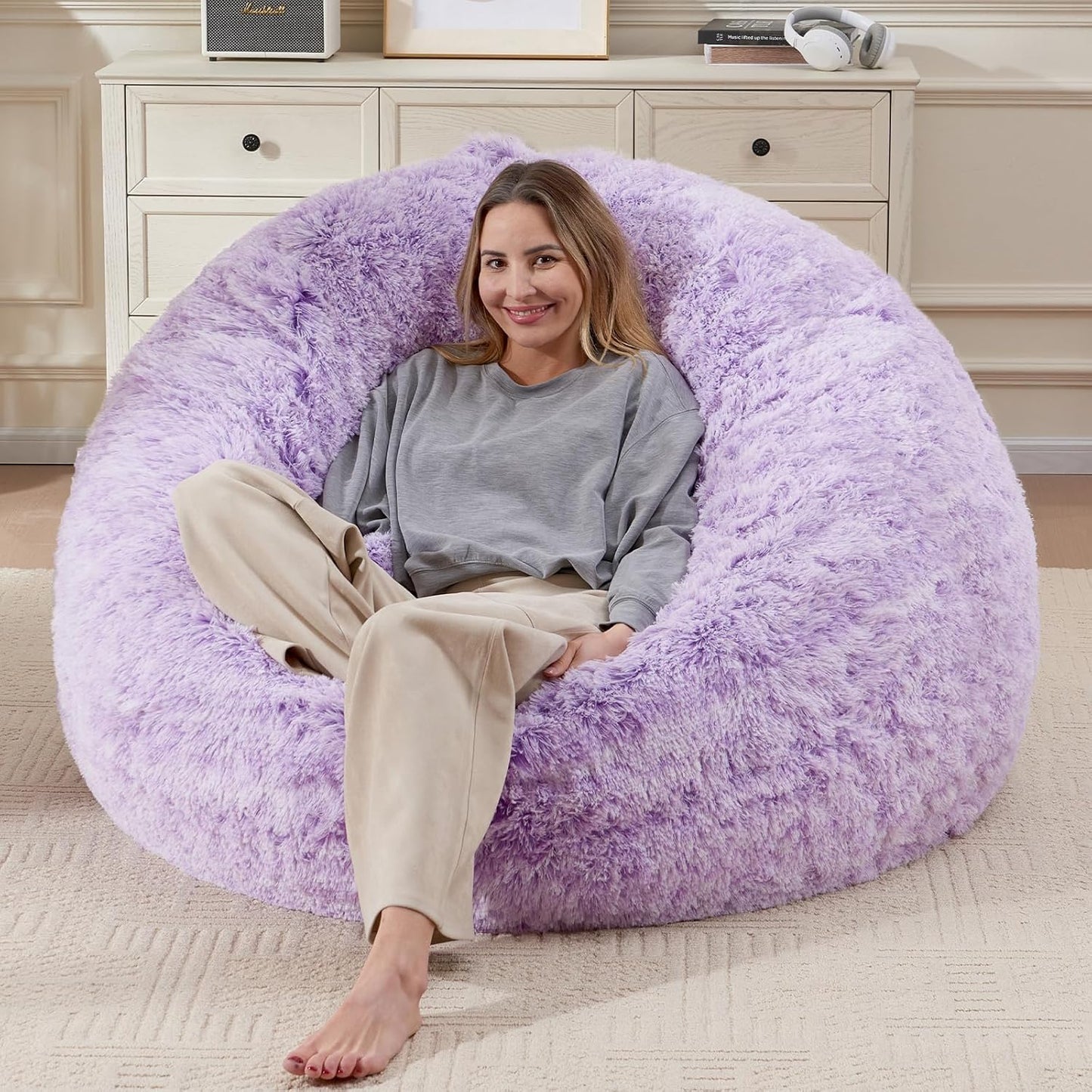 Huge Bean Bag Covers Only, Fluffy Stuffed Beanbag Chair Covers No Filler, Washable Bean Bags Cover for Adults, Stuffed Animal Bean Bag Anti-Slip, 6FT, Purple