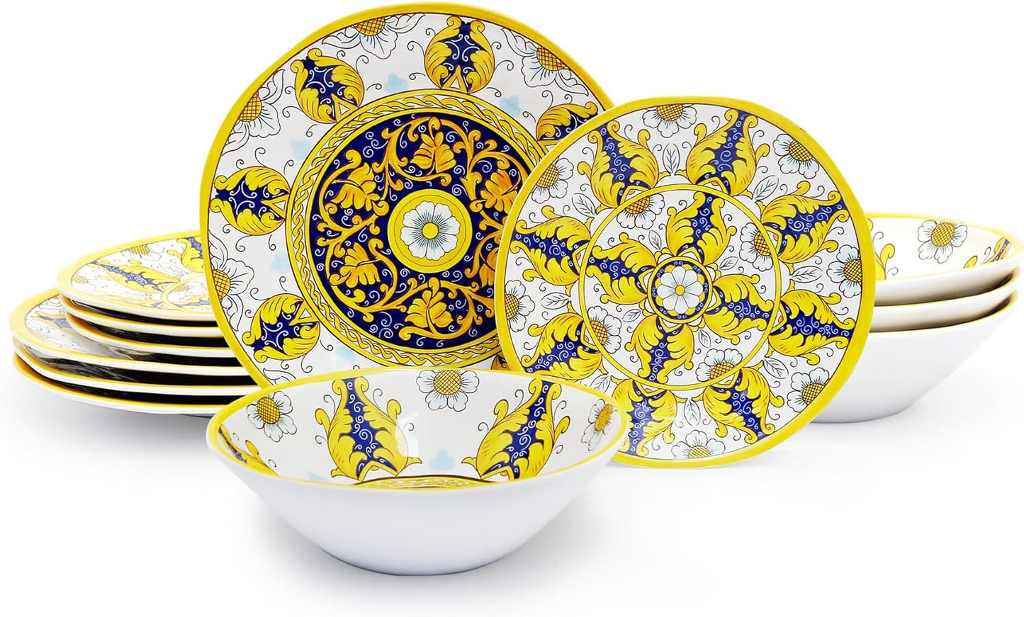 TP 12-Piece Dinnerware Set, Melamine Dishes Set with Bowls and Plates, Non-breakable and Lightweight Dinner Service for 4, Luxury Yellow