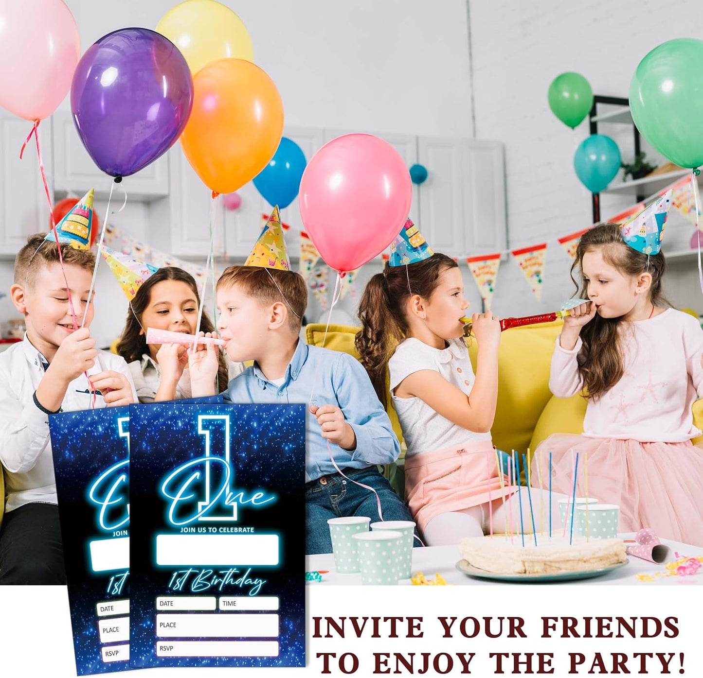 SIXEIGHT Blue 1st Birthday Party Invitations for Kids, Glow Neon 1st Birthday Invitations for Boys Girls, 20 Pack Blue Invites with Envelopes, Glow Neon Party Decorations Supplies, 4"x6"-C01