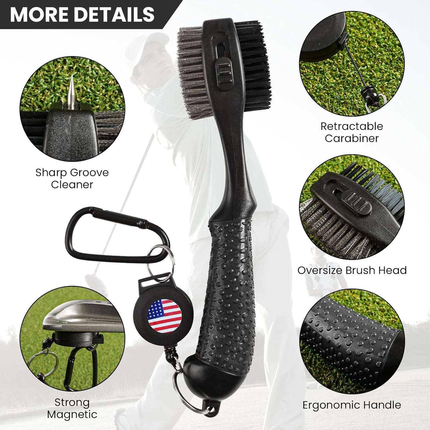 FINGER TEN Retractable Golf Club Cleaner Brush with Magnetic Clip, Durable Nylon Groove Scrub Iron Sharpener Compact Design, Portable Wire Tool for Golf Club Ball Bag Cleaning