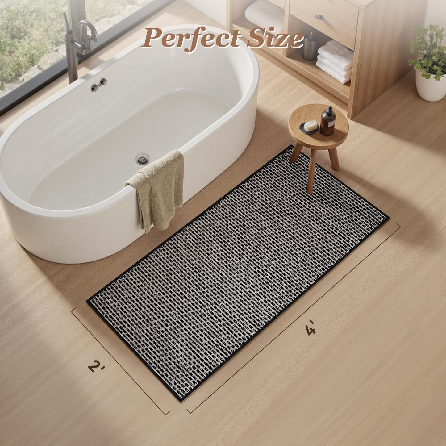 AMOAMI Unique Woven Bathroom Runner Rug, Super Absorbent Non Slip Bath Mats for Bathroom Textured Bathroom Mat Quick Dry Boho Rugs Runners for Hallyways Kitchen Bedroom Beside Tub, 2' x 4', Black
