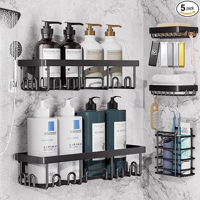 Veken 5-Pack Rustproof & Waterproof Shower Caddy 5-Pack, No Drilling Adhesive Corner Shower Shelves, Rack For Inside Shower, Large Bathroom Organizer Storage Accessories, Ideal for Home&Kitchen, Black