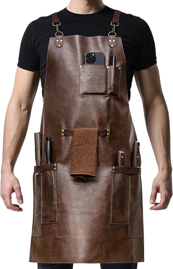 Leather Chef Cooking Apron for Men, Cross Back Apron for All-Day Comfort, Waterproof Apron with Multiple Pockets, Great for Kitchen, Baking, BBQ, Butcher Work or Crafts, Ideal Gift