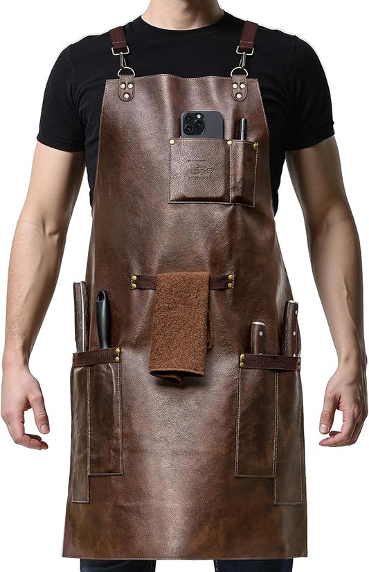 Leather Chef Cooking Apron for Men, Cross Back Apron for All-Day Comfort, Waterproof Apron with Multiple Pockets, Great for Kitchen, Baking, BBQ, Butcher Work or Crafts, Ideal Gift